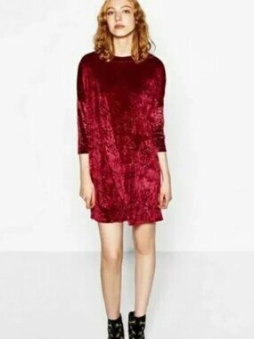 Zara Collection Crushed Velvet Dolman Long Sleeve Red Cocktail Party Mini Dress